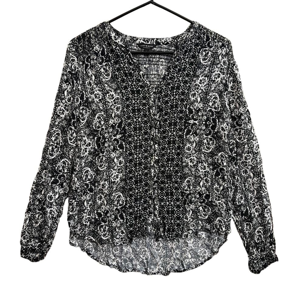 Lucky Brand Womens Blouse Black & White Floral V Neck Button Down Long Sleeve S